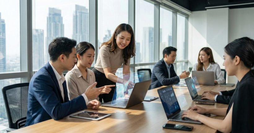 กลุ่มพนักงานออฟฟิศชาวเอเชียกำลังเรียนรู้และแลกเปลี่ยนไอเดียในเวิร์กชอป Onsite Training ปี 2026 โดยมีวิทยากรให้คำแนะนำอย่างใกล้ชิดพร้อมเทคโนโลยีจอโฮโลแกรมประกอบการสอน