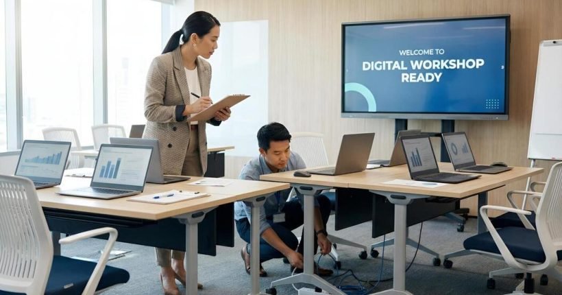 HR Checklist พนักงานไอทีและวิทยากรกำลังเตรียมความพร้อมอุปกรณ์คอมพิวเตอร์ในห้องอบรมสัมมนา