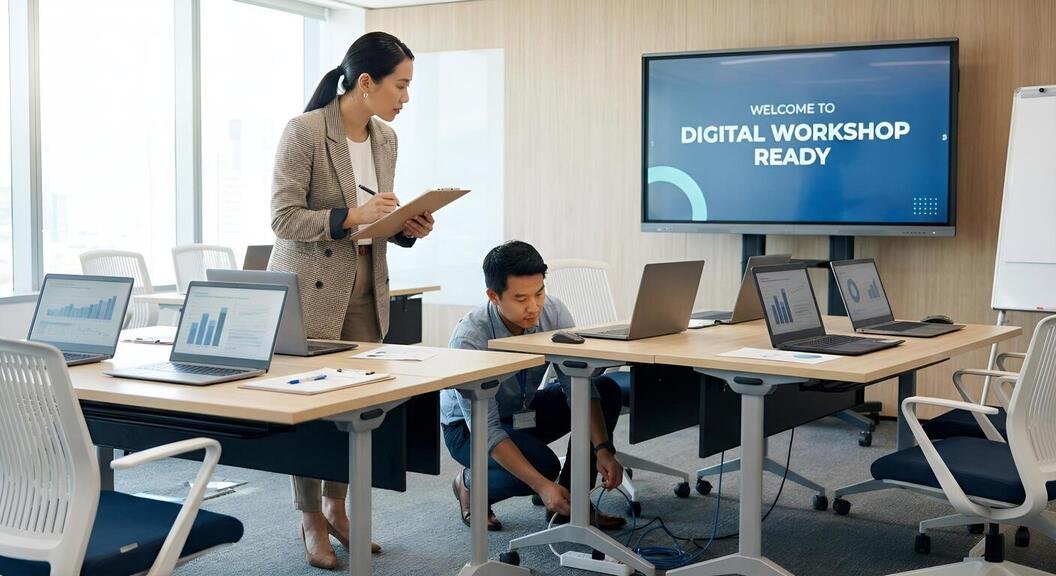 HR Checklist พนักงานไอทีและวิทยากรกำลังเตรียมความพร้อมอุปกรณ์คอมพิวเตอร์ในห้องอบรมสัมมนา