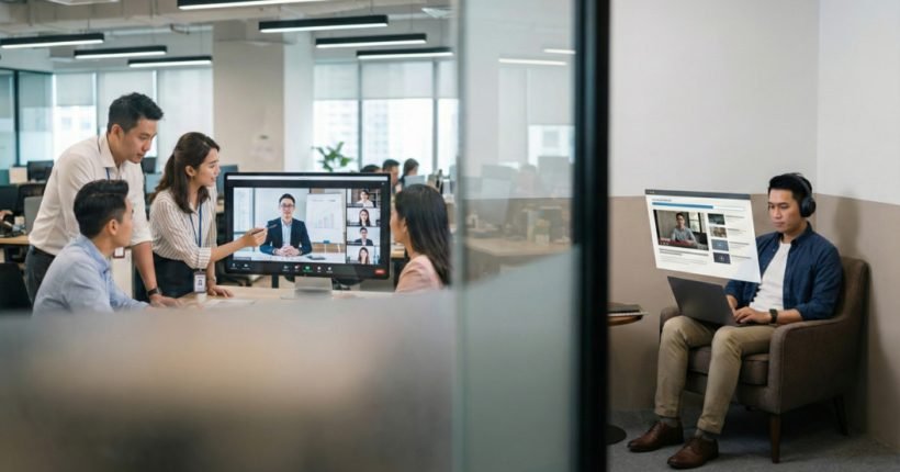 พนักงานออฟฟิศกำลังเรียนเปรียบเทียบระหว่าง Live Online vs E-learning ผ่านหน้าจอแล็ปท็อป