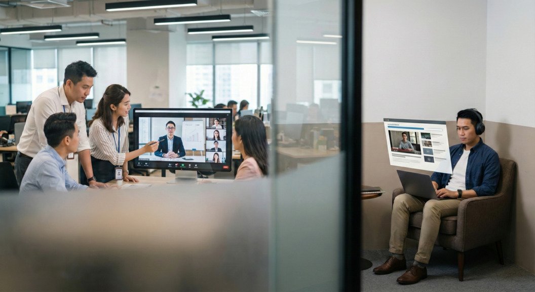 พนักงานออฟฟิศกำลังเรียนเปรียบเทียบระหว่าง Live Online vs E-learning ผ่านหน้าจอแล็ปท็อป