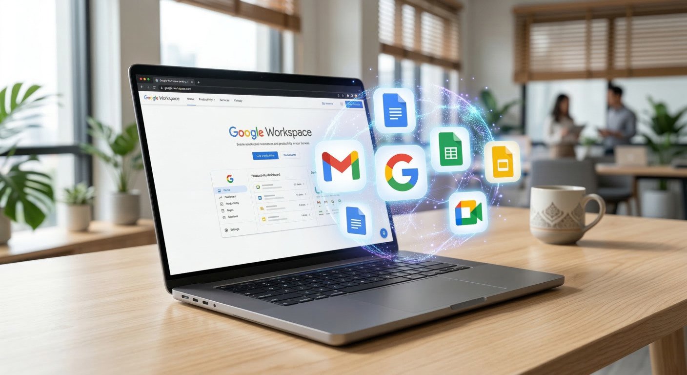 Gemeni AI และแอปพลิเคชัน Google Workspace (Docs, Sheets, Slides, Meet, Gmail) ลอยออกจากแล็ปท็อป พร้อมออร่า AI ในออฟฟิศไทย