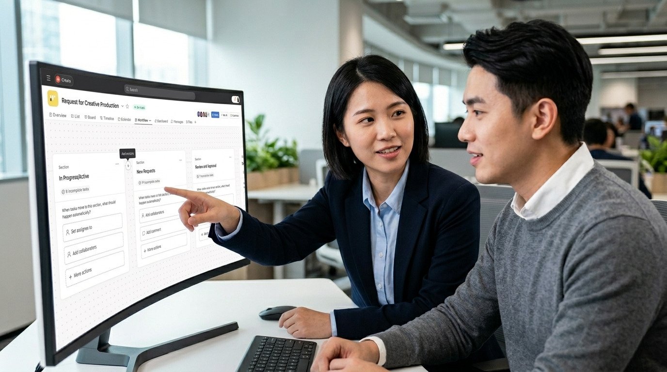Asian IT professionals designing Asana Advanced Automation Rules and Bundles for enterprise