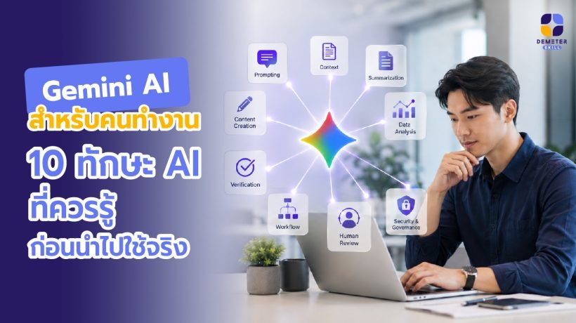 Gemini สำหรับคนทำงานพนักงานออฟฟิศชาวเอเชียใช้ AI ช่วยทำงาน พร้อมองค์ประกอบที่สื่อถึง 10 ทักษะ