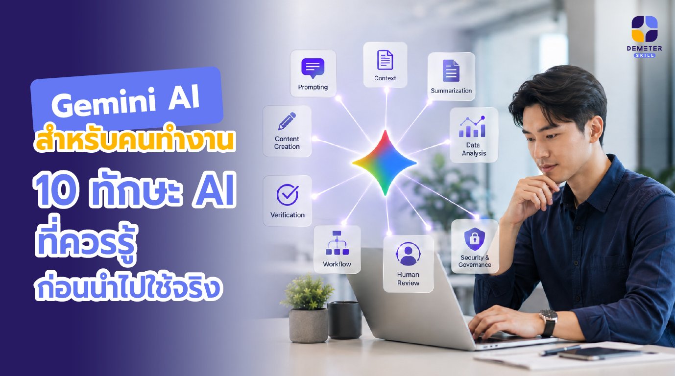 Gemini สำหรับคนทำงานพนักงานออฟฟิศชาวเอเชียใช้ AI ช่วยทำงาน พร้อมองค์ประกอบที่สื่อถึง 10 ทักษะ